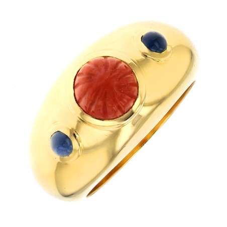Bague saphirs et corail en or jaune