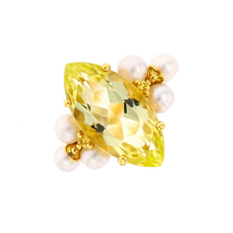 Bague or jaune Pierres Fines quartz lemon, saphirs jaunes et perles Bague or jaune Pierres Fines quartz lemon, saphirs jaunes et perles