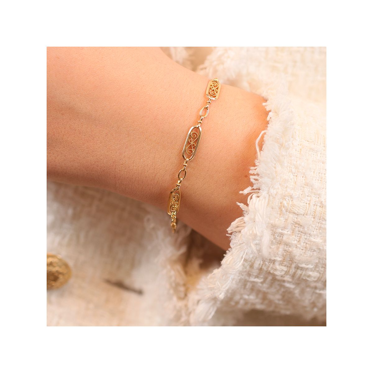 Bracelet Ancien En Argent Massif Et Vermeil - Filigrane Avec Pierres Jaunes - Occasion
