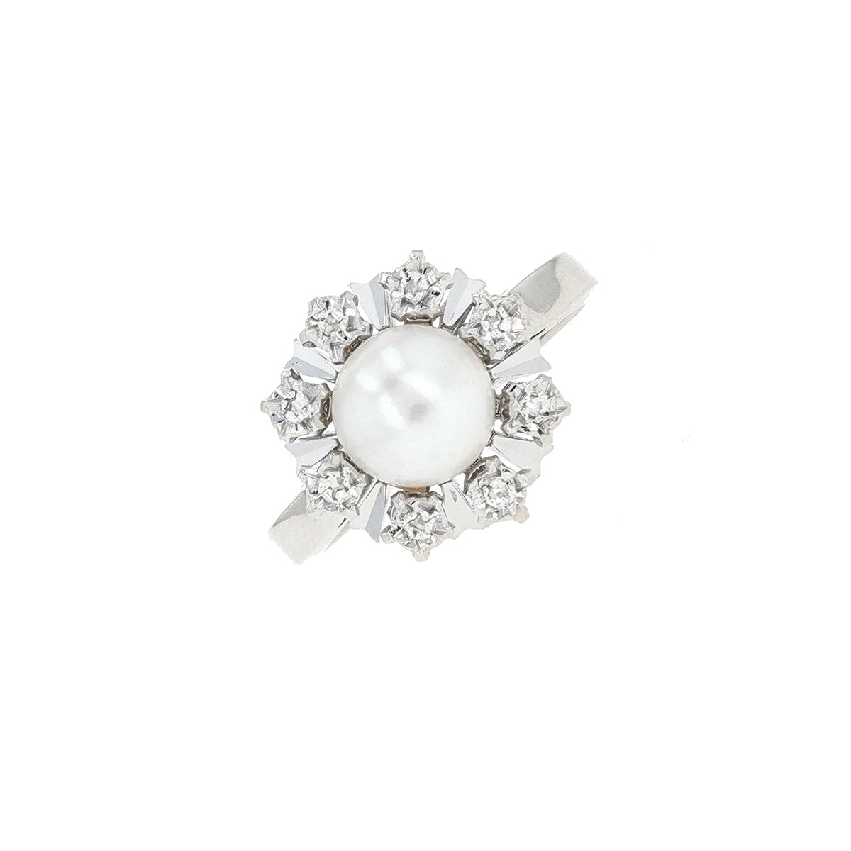 Bague Vintage 'contrariée' En Or Blanc 18K Avec Perle Et Diamants - Taille ITA 21 / US 9.5
