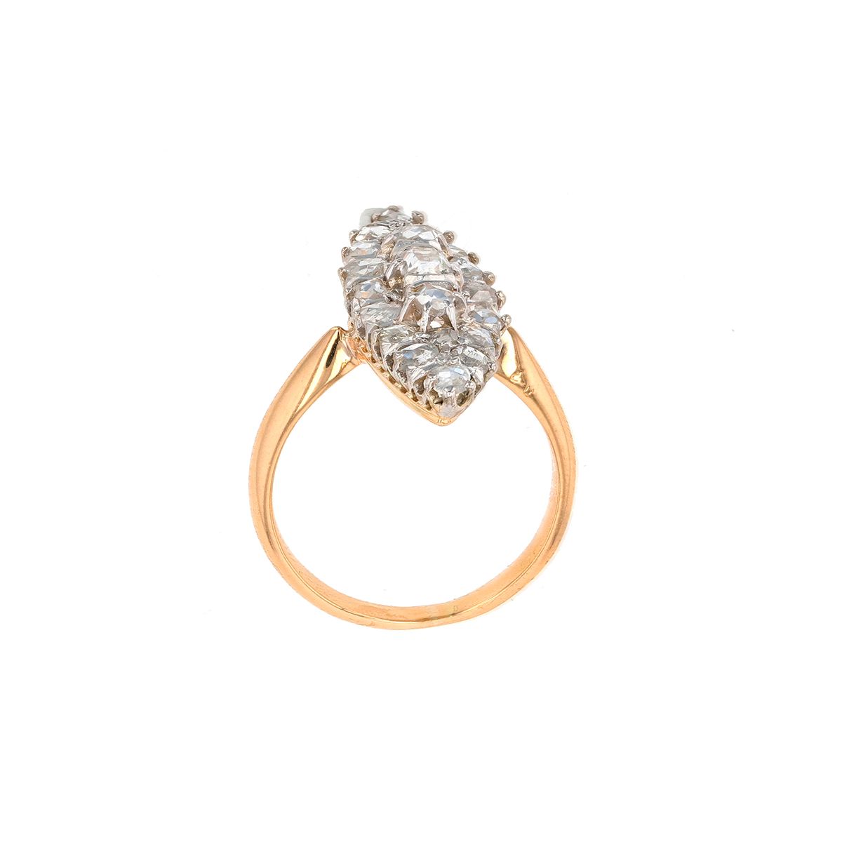 Bague Ancienne Marquise En Or Jaune 14 Carats Avec Diamants Salt & Pepper - Taille En Rose