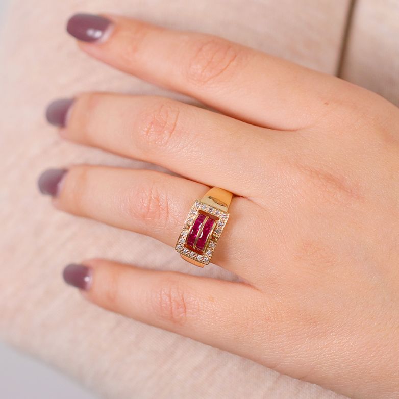 Bague or jaune rubis et diamant(s) Vintage Rubis de synthèse