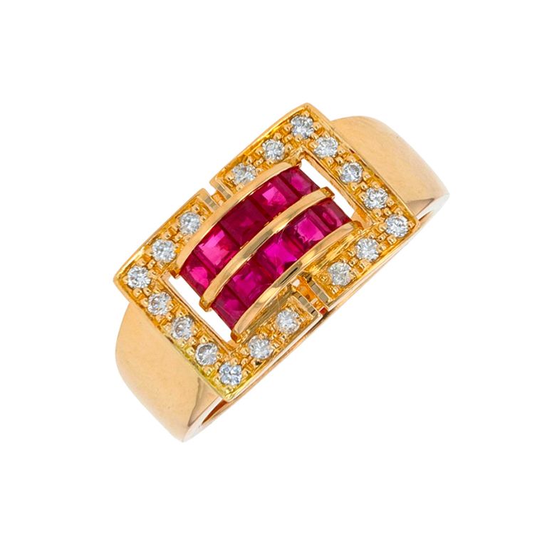 Bague or jaune rubis et diamant(s) Vintage Rubis de synthèse