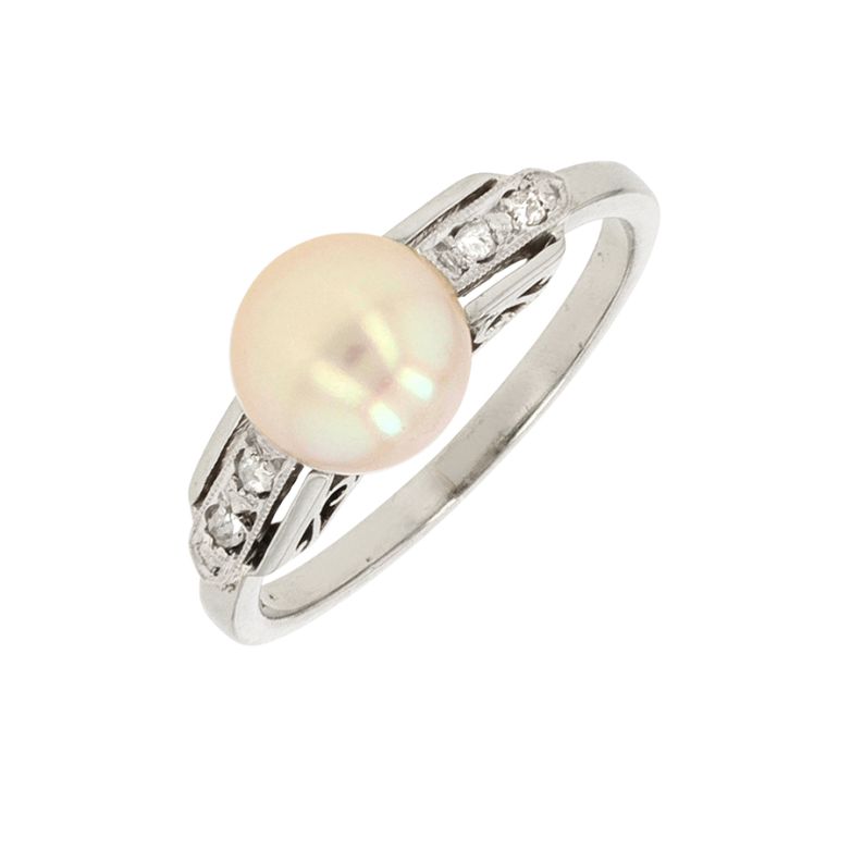 Bague or gris diamant et perle Vintage