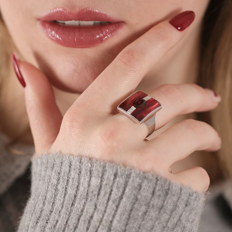 Bague or gris diamant,P.fine grenat