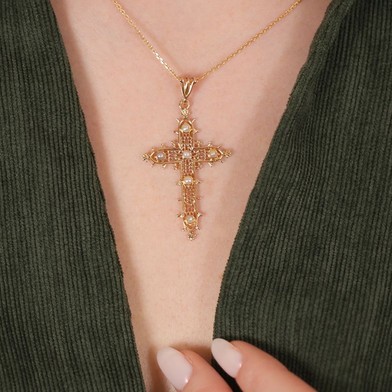 croix or jaune Perle de culture Vintage 