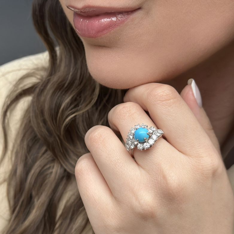 Bague or gris diamant,P.fine Vintage turquoise