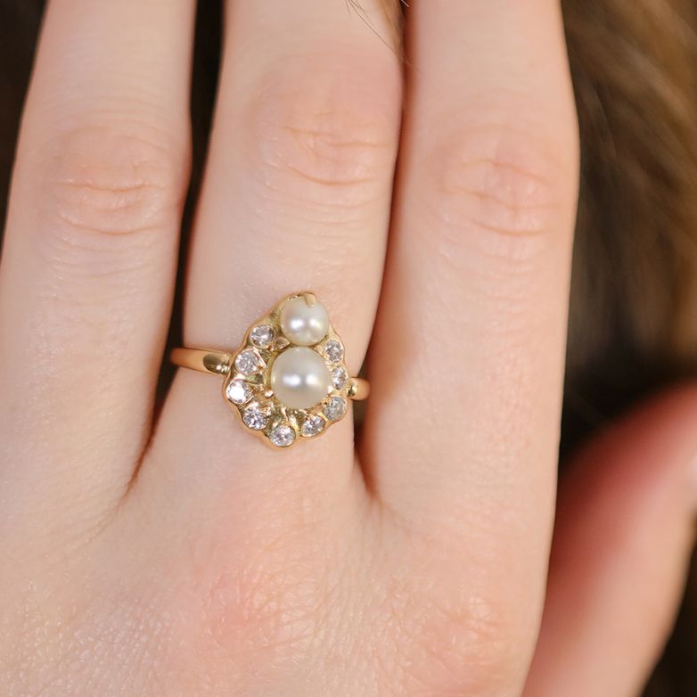 Bague or jaune diamant et perle Vintage 