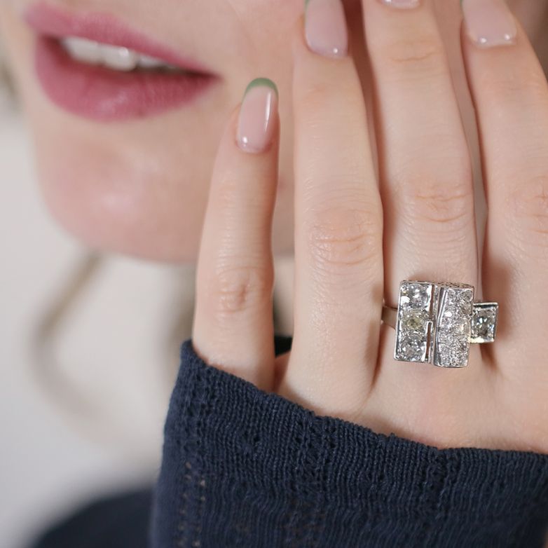 Bague or gris diamant(s) t. ancienne Vintage 