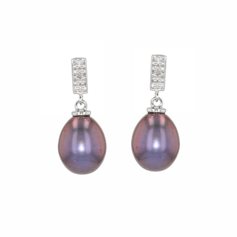 Boucles d'oreilles or gris diamant et perle 