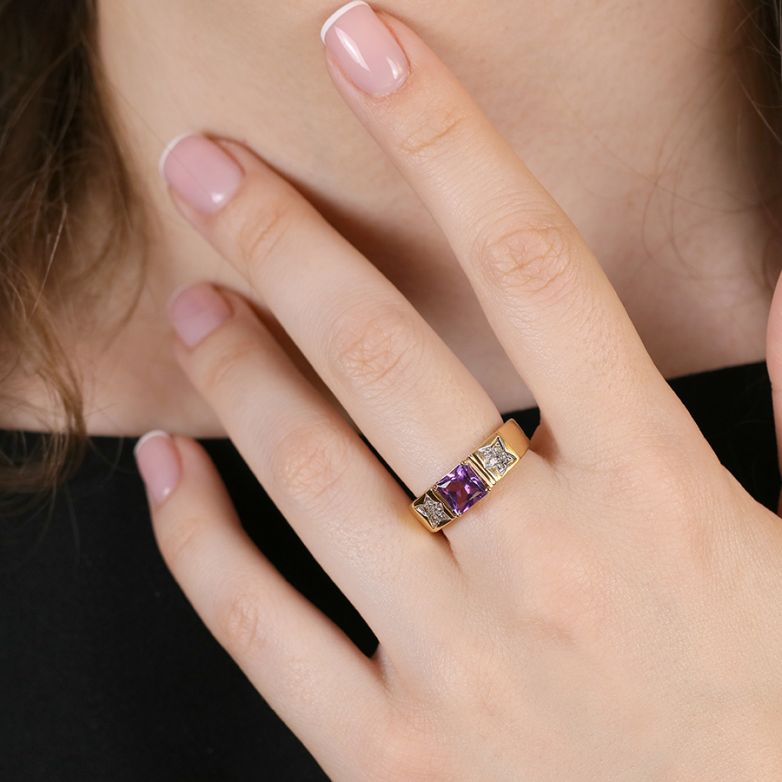 Bague or jaune diamant,P.fine améthyste