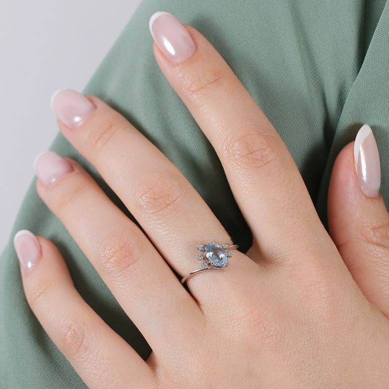 Bague or gris diamant,P.fine aigue-marine