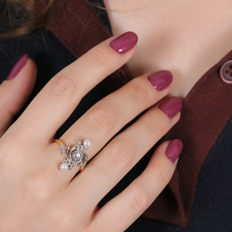 Bague 2 ors diamant et perle 