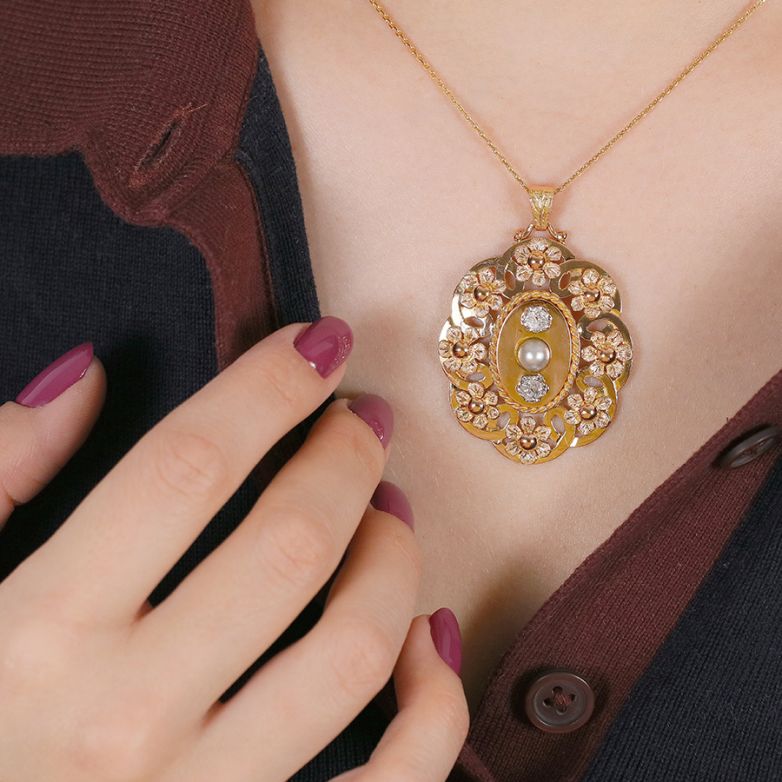 Pendentif or jaune diamant et perle Vintage 