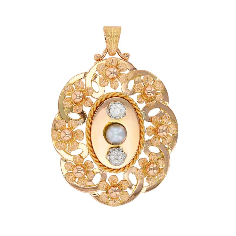 Pendentif or jaune diamant et perle Vintage
