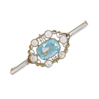 Broche or jaune diamant,P.fine aigue-marine et platine
