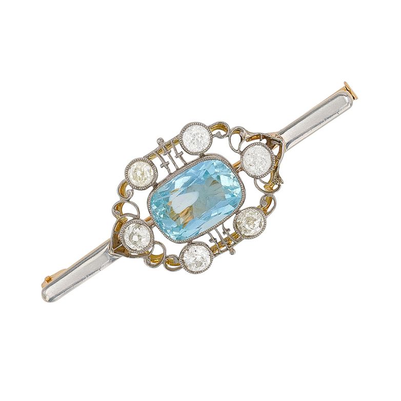 Broche or jaune diamant,P.fine aigue-marine et platine