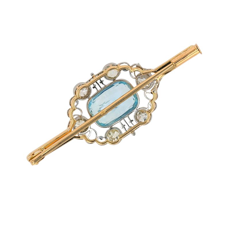 Broche or jaune diamant,P.fine aigue-marine et platine