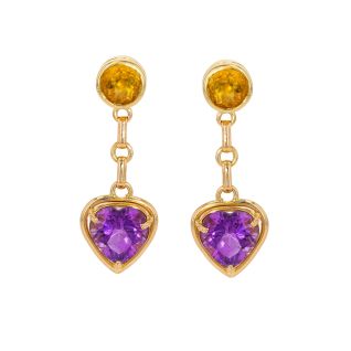 Boucles d'oreilles or jaune Pierres fines améthystes et citrines