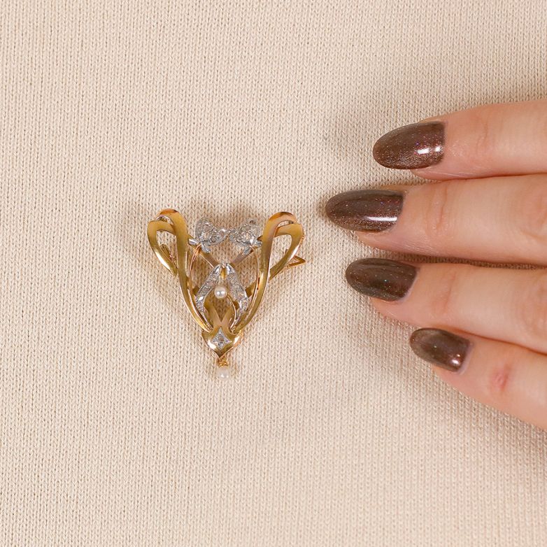 Broche 2 ors diamant et perle 